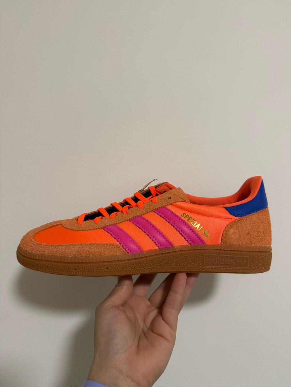 adidas Spezial Orange with Pink Stripes and Blue Heel size 11